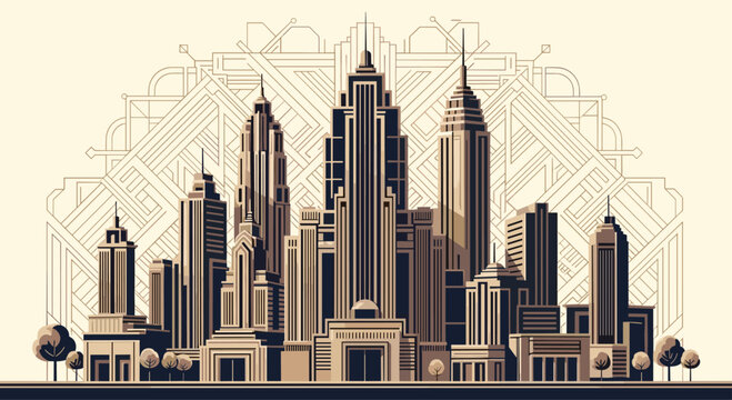 Sophisticated Art Deco cityscape illustration with detailed skyscrapers and buildings set against an intricate geometric line art background.
