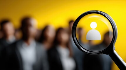 Magnifying glass emphasizes a person icon from a crowd on yellow, symbolizing employee selection and recruitment.