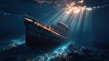 Sunken fishing boat encrusted with coral on the seabed, with sunlight filtering through water, evoking a melancholic, mysterious atmosphere.
