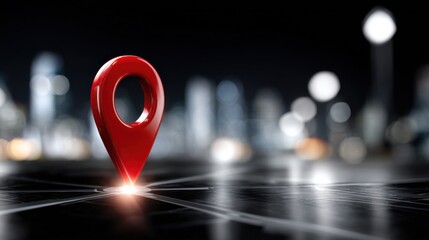 Red location pin hovering over a digital map with neon reflections, symbolizing navigation and technology.