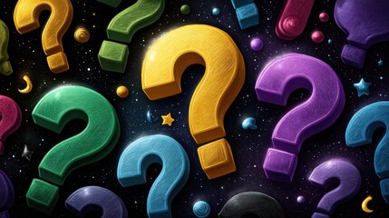 Vibrant question marks float against a cosmic starry background, creating a whimsical and imaginative atmosphere perfect for creativity and educational themes.