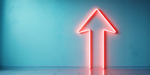 Glowing neon red arrow pointing up on blue background
