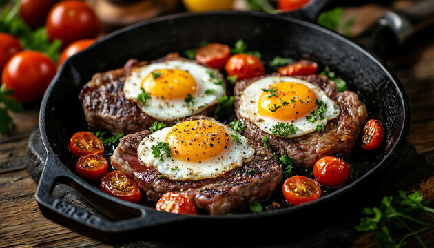Grilled steak with fried eggs and potatoes served in black skillet. Hearty breakfast meal, gourmet food, delicious dinner or lunch