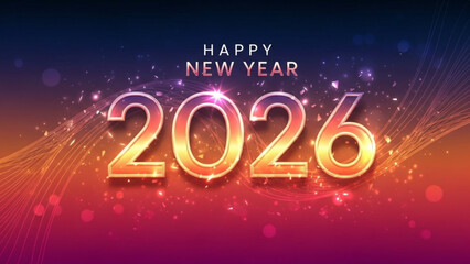 Vibrant happy new year 2026 greeting card with golden numbers