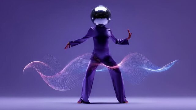 Woman with disco ball head dancing a dynamic energetic dance on a light purple background with light trails. Dance party, nightclub, and event promotion video. - Powered by Adobe