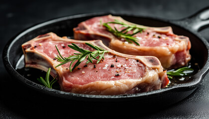 Raw lamb loin chops seasoned with rosemary sizzle in hot oil within rustic cast iron pan. Preparation for delicious meal on electric hob