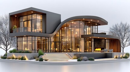 Stylish contemporary house with large windows and patio high resolution image