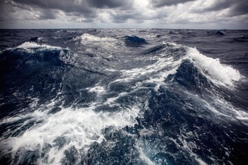 Rough sea waves under a dark cloudy sky