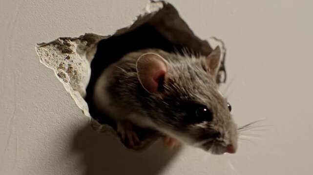 Mouse peeking through hole in wall animal rodent close up headshot inside structure background