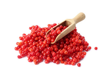 Wooden scoop with fresh red viburnum berries on white background