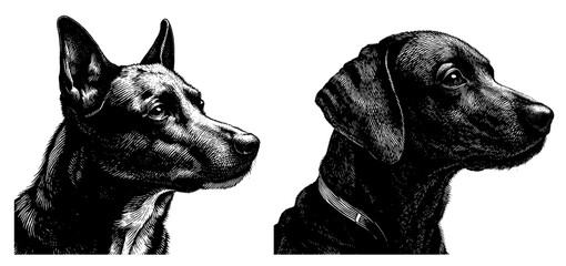 Dog portraits in a detailed black and white woodcut style