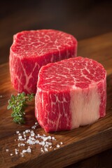 Raw steak cuts on wooden board for cooking