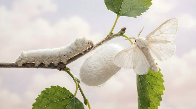 Life cycle of silkworm showing caterpillar cocoon and adult moth on green branch.