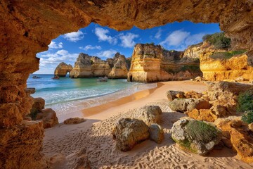 Coastal view framed by natural rock arch with clear turquoise sea, sunny day