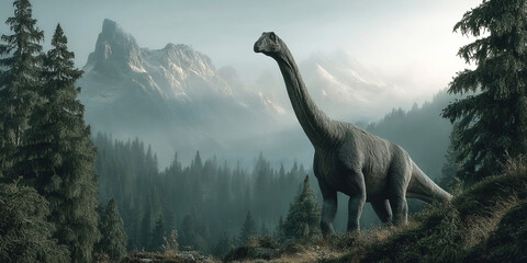 Qantassaurus roams through a lush prehistoric landscape filled with mountains and forests