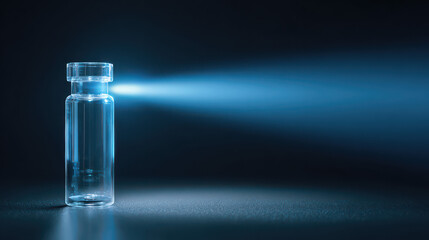 Illuminated Glass Vial with Blue Light on Dark Background for Medical and Beauty Concept Designs