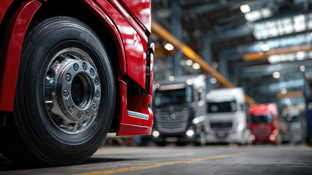 Vibrant Red Truck in Modern Service Workshop with Focus on Wheel and Tire, Ideal for Automotive Industry Marketing
