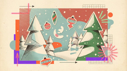 A retro inspired christmas scene with stylized trees and festive ornaments