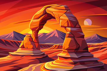 Delicate Arch rises gracefully from red sandstone terrain, forming an iconic desert landscape defined by erosion, balance, open sky, and the unique geological identity of Arches National Park