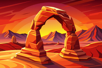 Delicate Arch rises gracefully from red sandstone terrain, forming an iconic desert landscape defined by erosion, balance, open sky, and the unique geological identity of Arches National Park