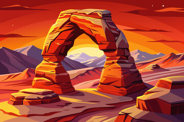 Delicate Arch rises gracefully from red sandstone terrain, forming an iconic desert landscape defined by erosion, balance, open sky, and the unique geological identity of Arches National Park
