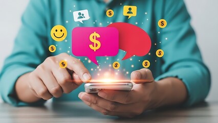 Person holding phone with digital money and social media icons floating above