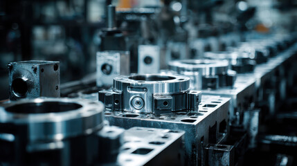 Intricate Steel Parts in Engine Casting Process with Metal Fixtures and Cooling Fans, Evoking Precision and Innovation