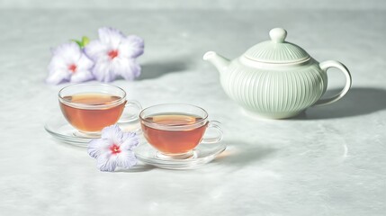Korean Retinol Tea Served in Clear Cups With Flowers and a Teapot on a Light Surface