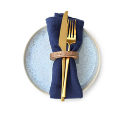 Blue clean plate with golden cutlery on white background
