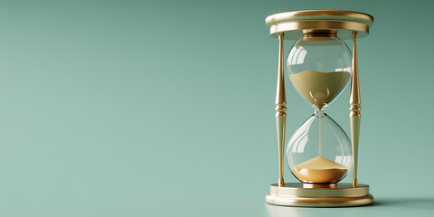 Elegant gold and glass hourglass with sand flowing on a muted teal background, symbolic of time management and deadlines