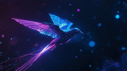 Futuristic Neon Cyber Bird Flying Through Dark Space With Glowing Circuit Patterns, Digital Technology Concept, AI Inspired Sci Fi Art, Abstract Innovation And Future Energy Visual