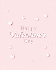 Happy valentine's day elegant typography on soft pink background with delicate floating white paper hearts