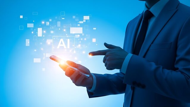 Businessman interacting with futuristic digital interface on smartphone - Powered by Adobe