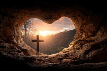 Heart-Shaped Cave at Sunrise with a Cross, Symbolizing Resurrection and Hope – Ideal for Inspirational Designs