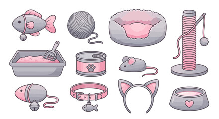 Assorted cat toys and accessories displayed on a clean white background