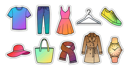 Collection of colorful clothing and accessories displayed on a white background