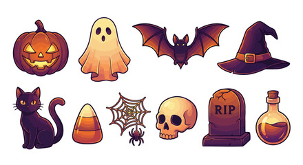 Halloween icons and symbols arranged in a grid showcasing spooky and festive elements