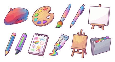 A vibrant collection of art supplies on a clean white background showcasing creativity and artistic expression