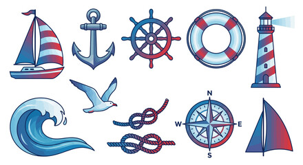 Nautical illustrations of anchors, ships, and lighthouses in a graphic design