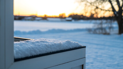 Close-up of fresh white snow accumulated on a window ledge during a cold winter day with a warm sunset in the background