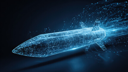 Futuristic 3D Wireframe Hologram Missile Amidst Digital Connections in Dark Blue Gradient for Tech and Defense Themes