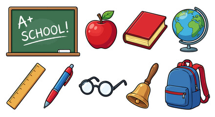 A colorful illustration of school supplies and educational elements on a white background