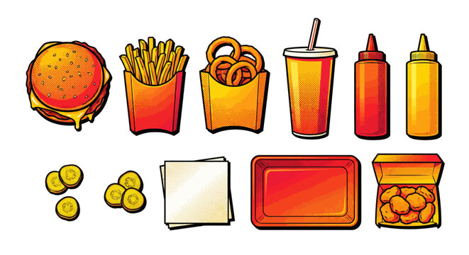 Assorted Fast Food Items Including Burgers, Fries, and Condiments Displayed