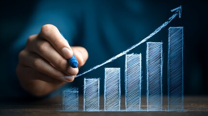 Hand drawing upward trend on bar graph, showing growth and positive business performance