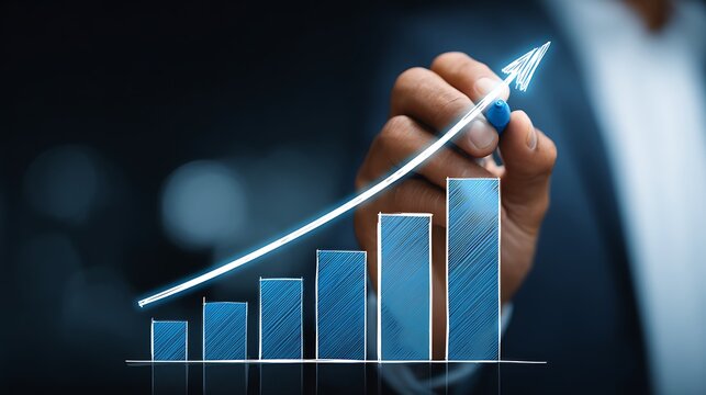 Close-up of hand drawing a rising graph with an upward arrow, signifying growth and progress