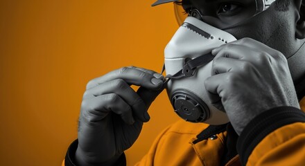 Worker adjusting safety respirator mask in close-up. Industrial employee putting on personal protective equipment with selective color on orange background