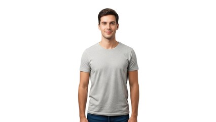 Handsome Brunette Man in Gray T-Shirt Isolated on White Background: Confident Male Portrait for Fashion, Casual Wear, and Lifestyle Concepts