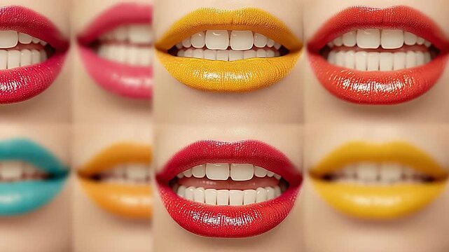 Collage of colorful lips with different lipstick shades and emotions