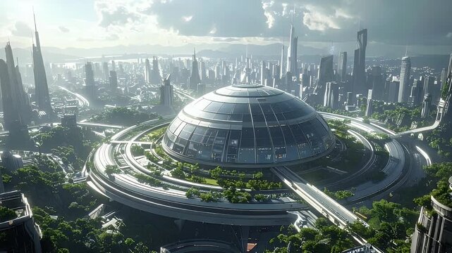 Futuristic Cityscape with Dome Shaped Building.