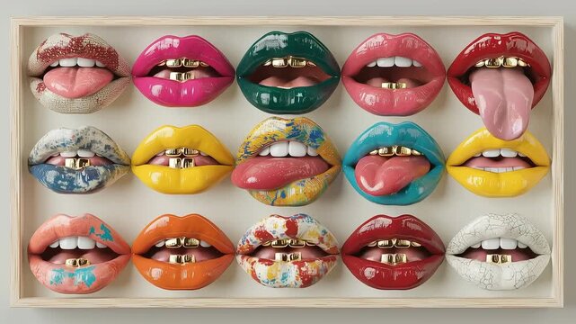 Artistic surreal talking lips collection with gold teeth and colorful paint
